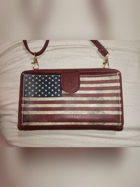 American Flag Crossbody Wallet - Burgundy W/ Cell Phone Pocket And Wrist Strap